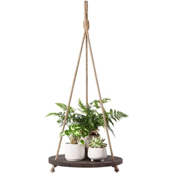 Hanging Plant Shelf Round Wood Rope Hanging Floating Shelf Vintage Home Decor - Picture 1 of 7